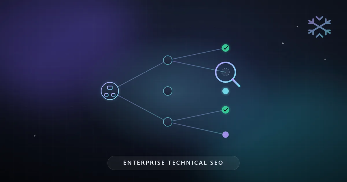 Illustration: an enterprise crawl and index graph with a site root branching to page nodes marked indexed, crawled, and not-indexed, with a magnifier auditing one node